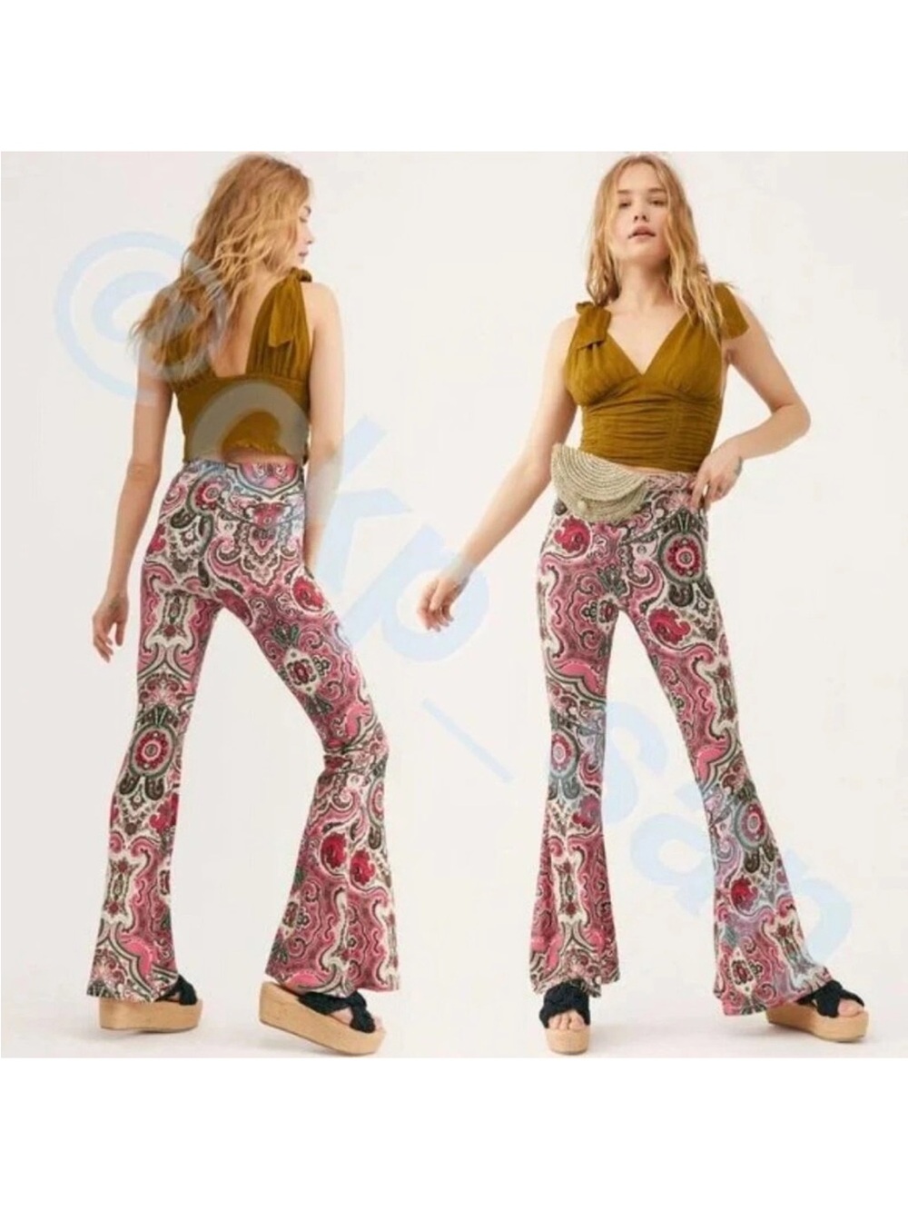 Women's Pink Paisley Flare Pants Free People Harper S Boho Retro 70's Pull On
